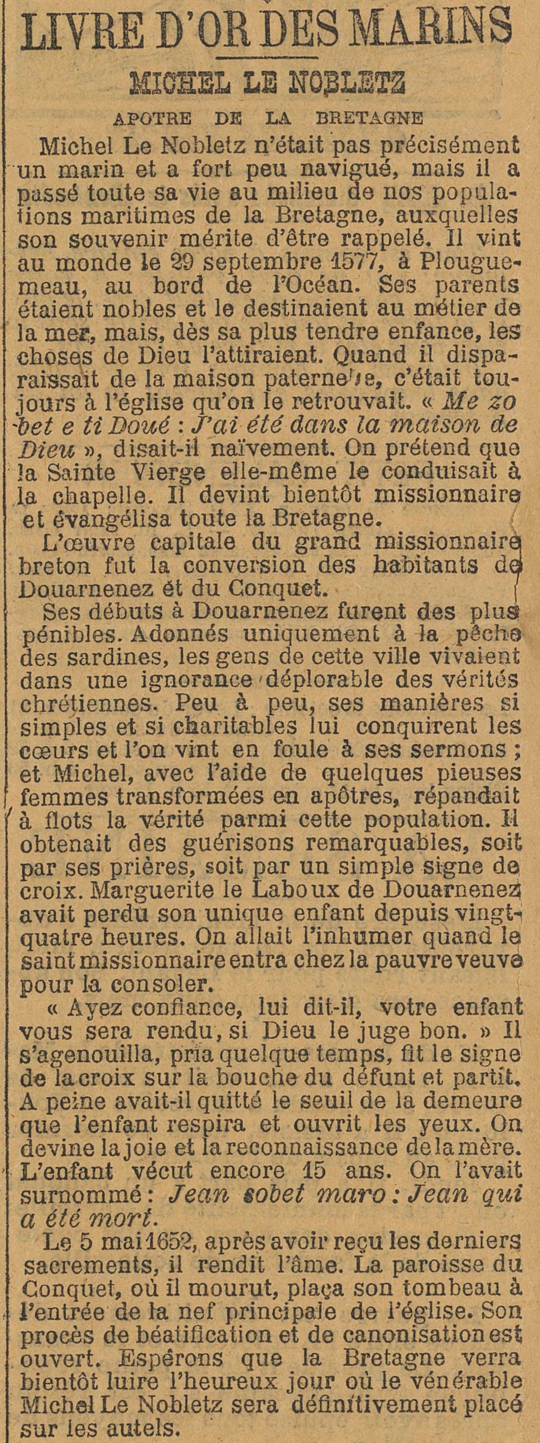 Livre d'Or des Marins MICHEL LE NOBLETZ, Apôtre de la Bretagne